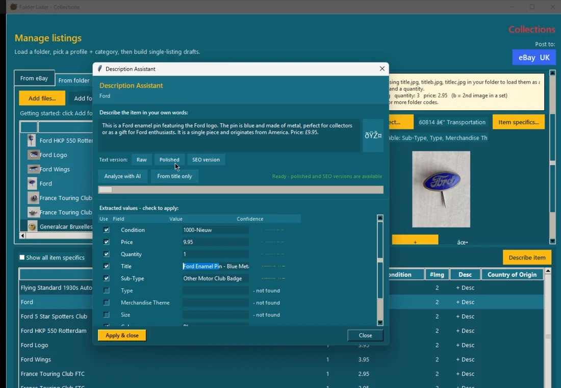 Folder Lister Description Assistant showing polished text, extracted values, confidence levels and checkboxes to apply or skip specific fields.