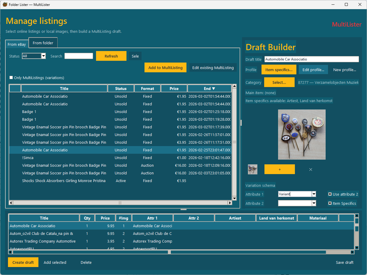 MultiLister Draft Builder: set main item, choose category, configure attributes and item specifics