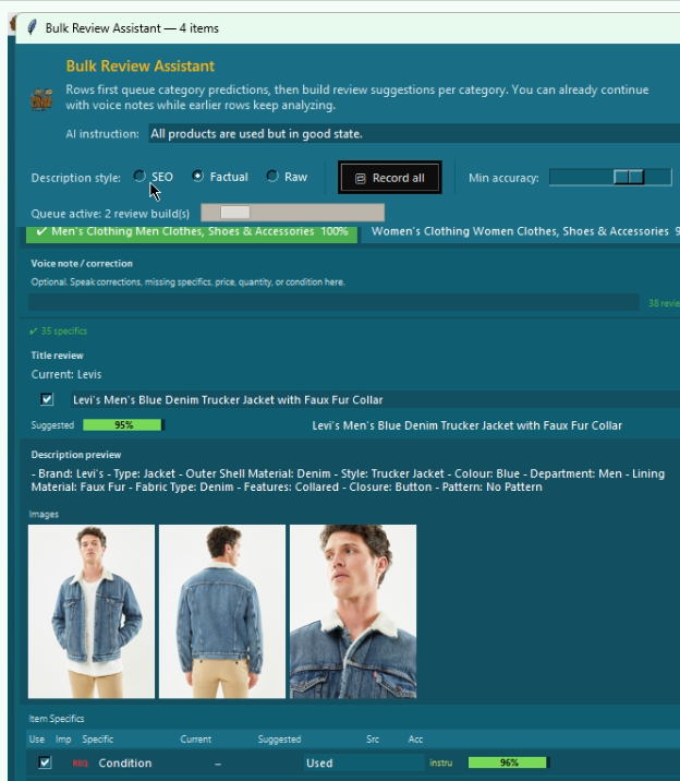 Folder Lister AI detail view: per-spec accuracy percentages and a factual auto-generated description
