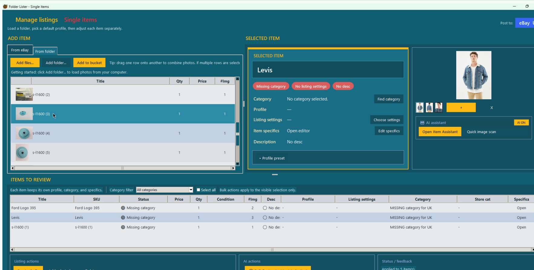Folder Lister: items added to the bucket from a local folder, ready for review