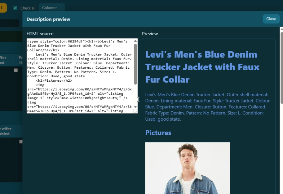 Folder Lister description preview: HTML source on the left, rendered listing on the right