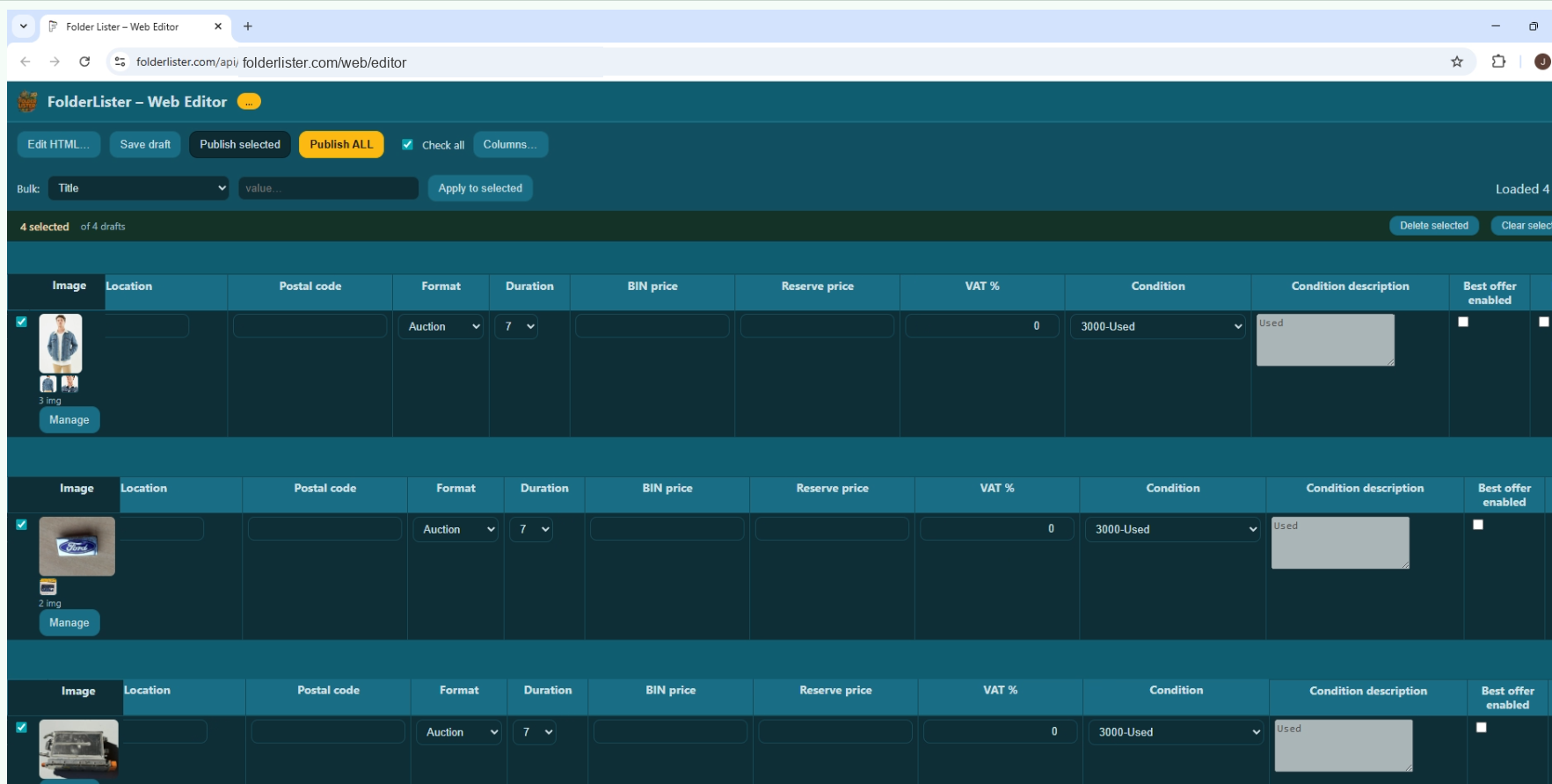 Folder Lister Web Editor: published-ready rows with full eBay fields filled in